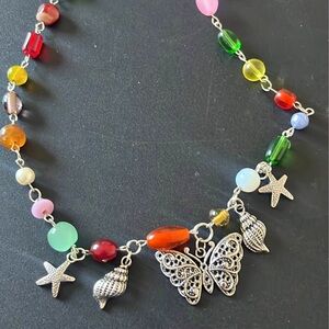 Colorful Beaded Necklace with Silver Charms HANDMADE